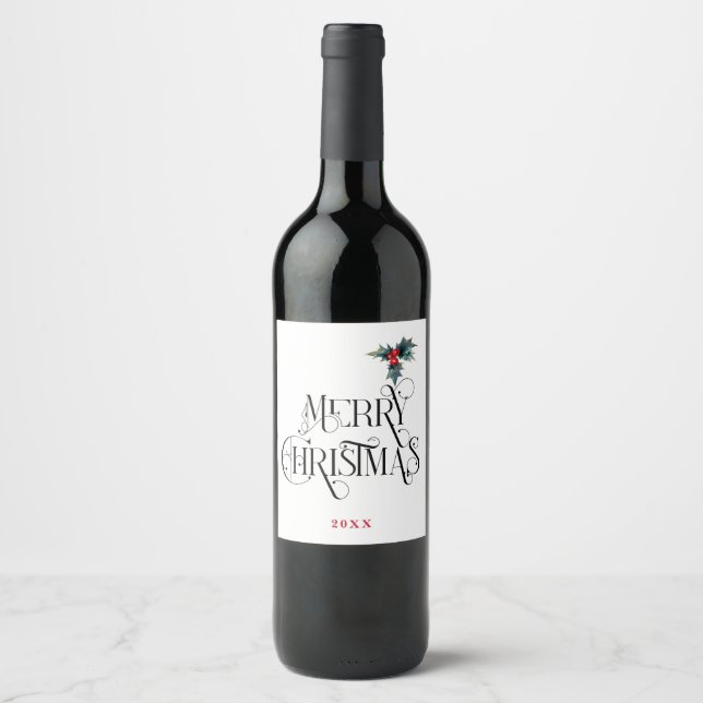 Decorative Merry Christmas Typograpny | Holly Wine Label (Front)