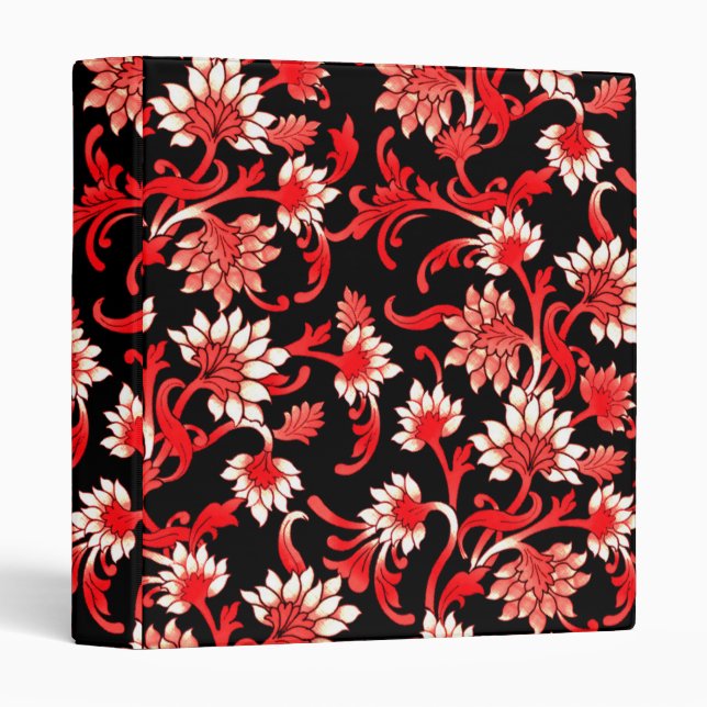 Decorative Modern Floral Pattern | Black & Red 3 Ring Binder (Front/Spine)