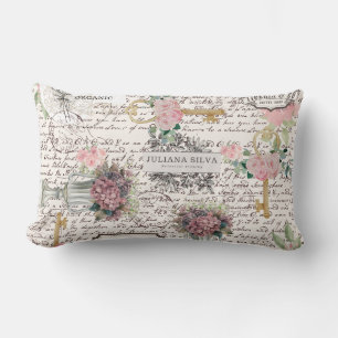 Decorative modern Frenchy newspaper style Floral Lumbar Pillow
