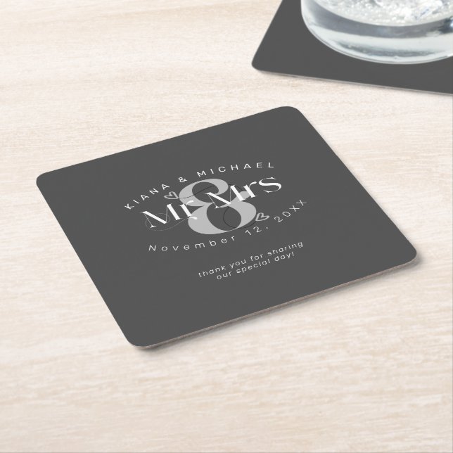 Decorative Modern Wedding Mr & Mrs Bk ID887 Square Paper Coaster (Angled)