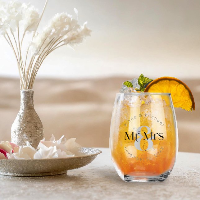 Decorative Modern Wedding Mr & Mrs ID887 Stemless Wine Glass (Creator Uploaded)