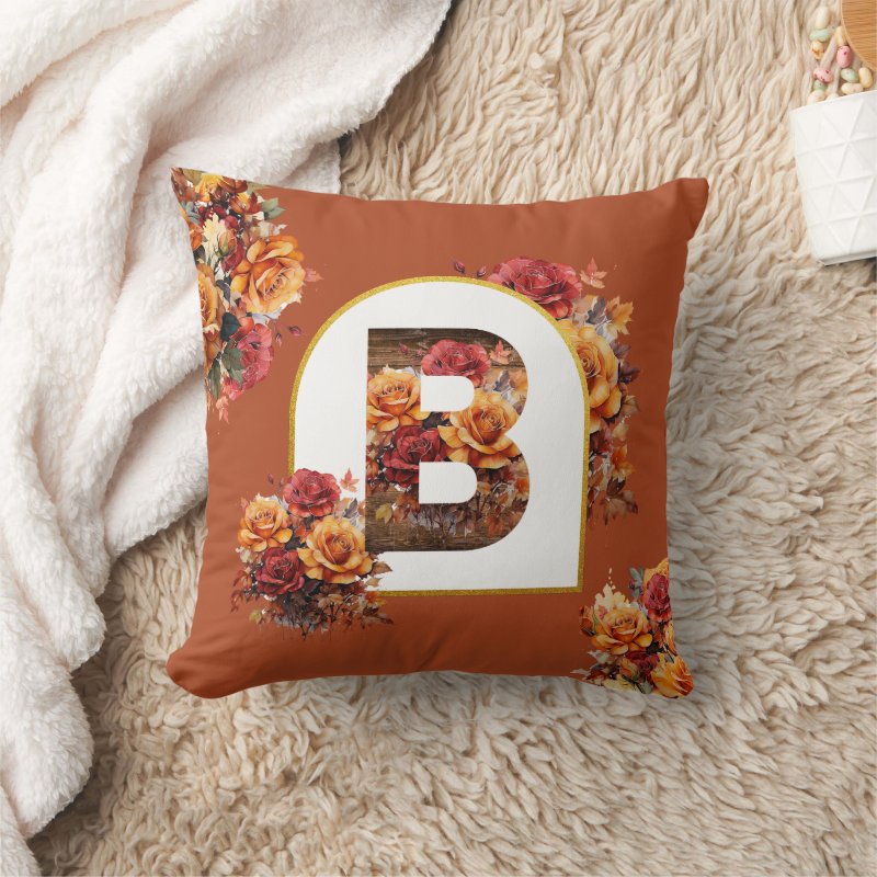 Decorative MONOGRAM ( ANY LETTER ) Fall Floral Throw Pillow