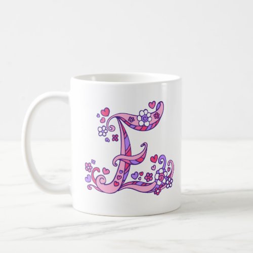 Decorative Monogram E hearts  flowers pink purple Coffee Mug
