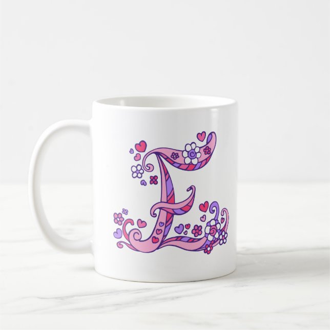 Decorative Monogram E hearts & flowers pink purple Coffee Mug (Left)