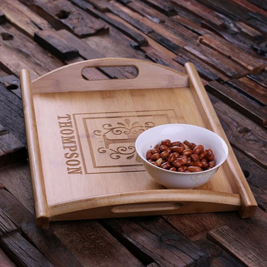 Decorative Monogram Engraved Wood Serving Tray (Right)