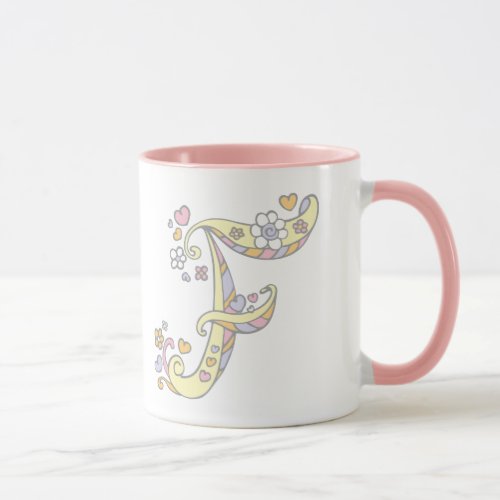 Decorative Monogram F hearts and flowers mug