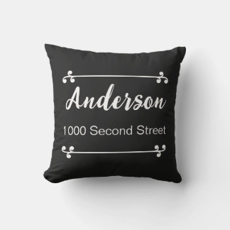 Decorative Name Street Address Black Outdoor Pillow