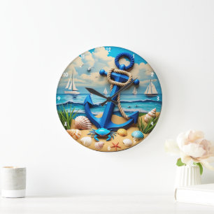 Decorative Nautical Feature Anchor Coastal Scenery Large Clock