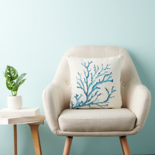 Decorative Ocean Blue Coral Branch Coastal Throw Pillow