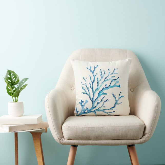 Decorative Ocean Blue Coral Branch Coastal Throw Pillow (Chair)