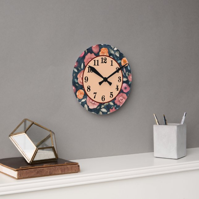 Decorative orange and pink floral round clock (Office)