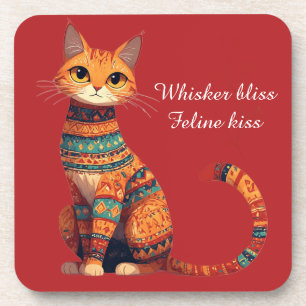 Decorative Ornamental Cat with Flowers Boho Art Beverage Coaster
