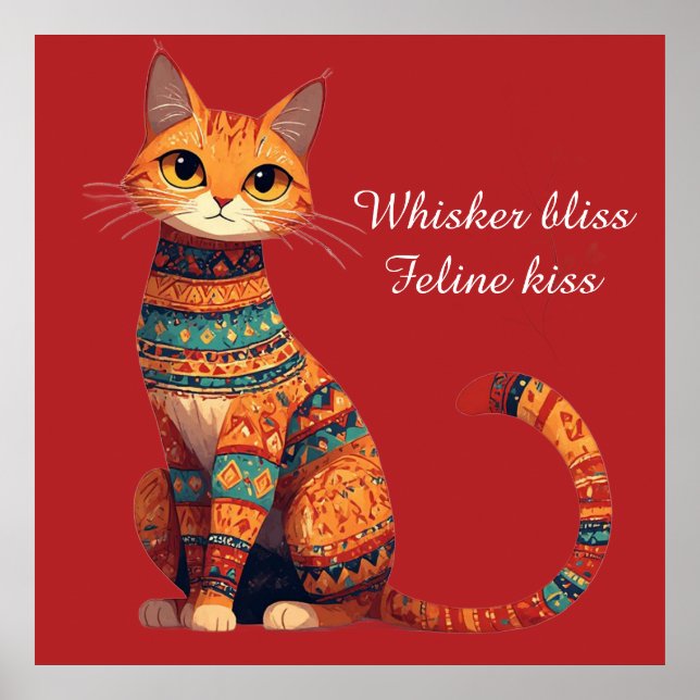 Decorative Ornamental Cat with Flowers Boho Art Poster (Front)