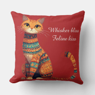 Decorative Ornamental Cat with Flowers Boho Art Throw Pillow