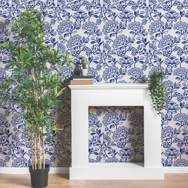 Decorative Ornate Greek Blue Floral Line Pattern Wallpaper (Decorative Ornate Greek Blue Floral Line Pattern Wallpaper)