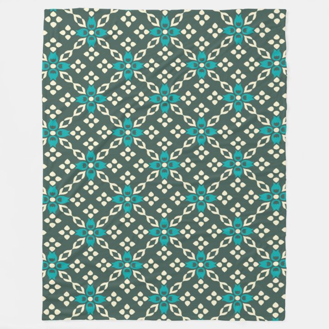Decorative Ornate Retro Tile Pattern in Teal Green Fleece Blanket (Front)