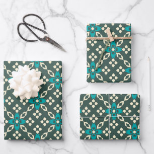Decorative Ornate Retro Tile Pattern in Teal Green Wrapping Paper Sheets
