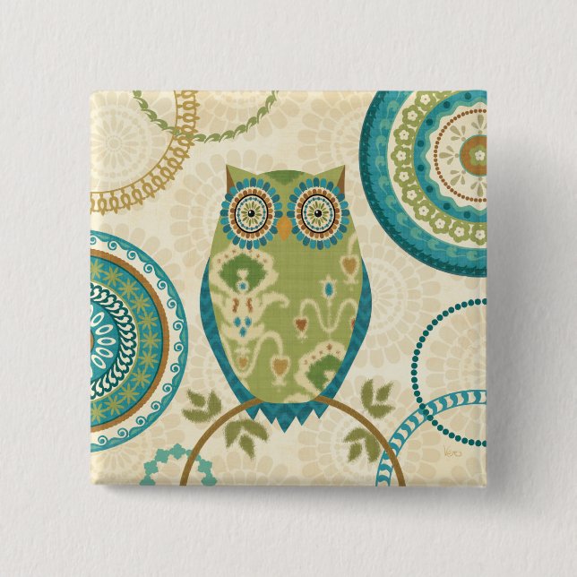 Decorative Owl with Circular Designs Pinback Button (Front)