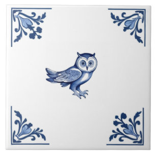 Decorative Owl with Delft Blue and White Corners Ceramic Tile