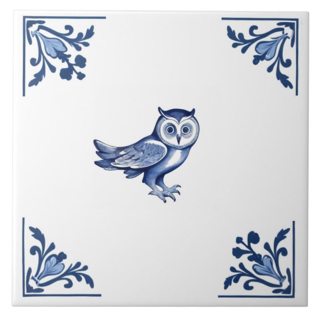 Decorative Owl with Delft Blue and White Corners Ceramic Tile (Front)