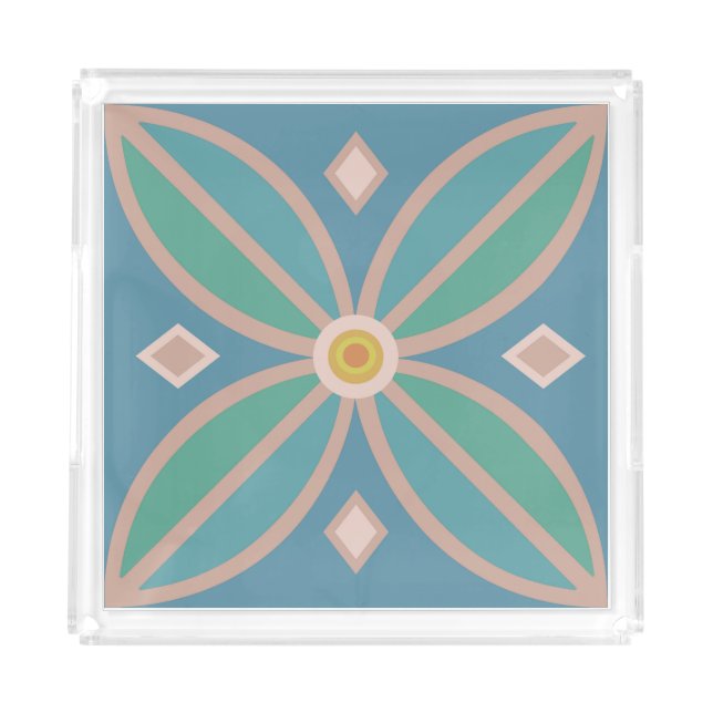 Decorative pattern pretty teals and pinks acrylic tray (Front)