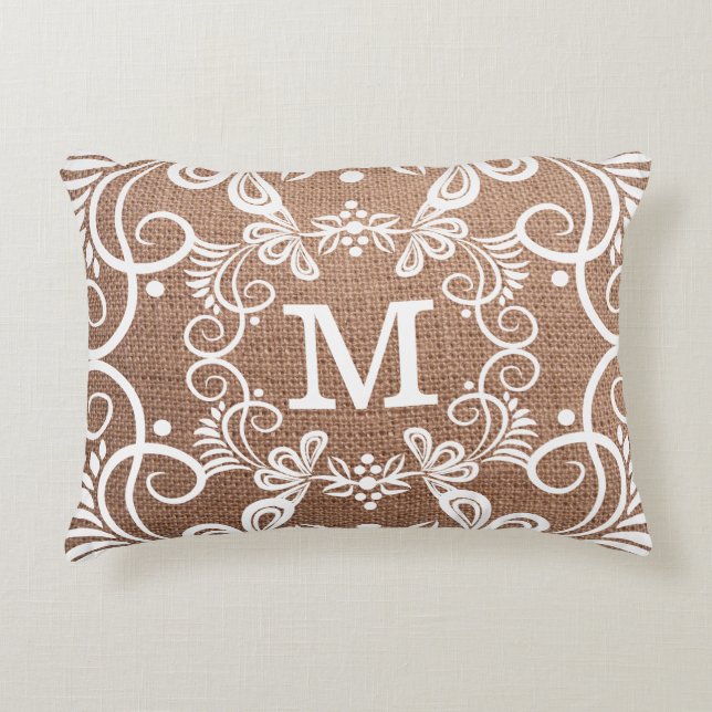 Decorative Pattern Rustic Burlap Monogram Accent Pillow (Front)