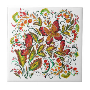 Decorative pattern with butterflies and flowers ceramic tile