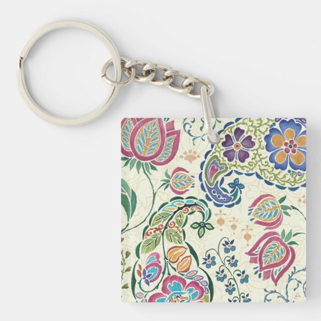 Decorative Peacock and Colorful Flowers Keychain (Front)