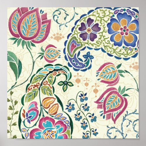 Decorative Peacock and Colorful Flowers Poster