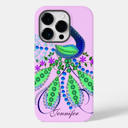 Decorative Peacock and Custom Name Case_Mate iPhone 14 Pro Case