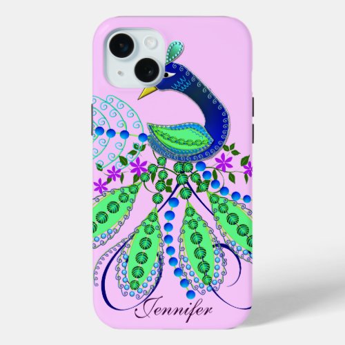 Decorative Peacock and Custom Name iPhone 15 Plus Case