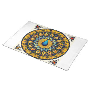 Decorative peacock bird on white cloth placemat