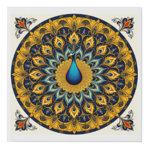 Decorative peacock bird on white faux canvas print
