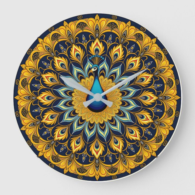 Decorative peacock bird on white large clock (Front)