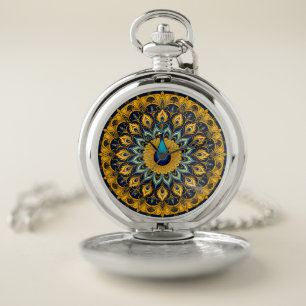 Decorative peacock bird on white pocket watch