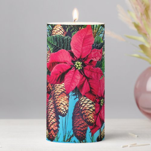 Decorative Pinecone Poinsettia Pillar Candle