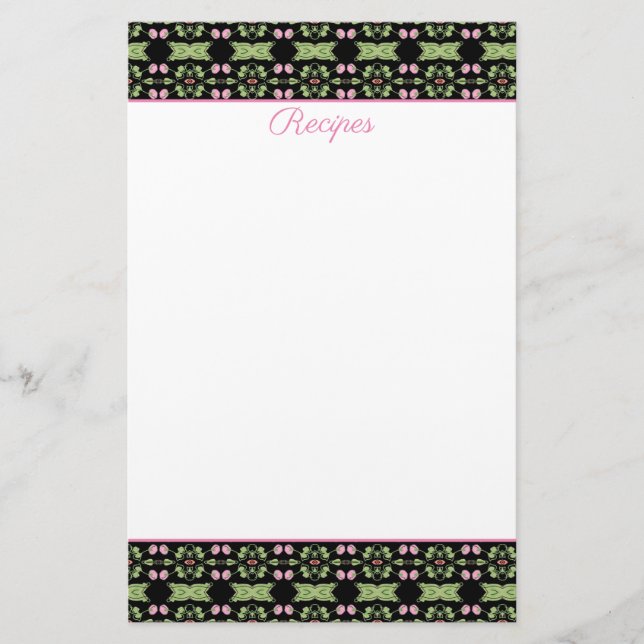 Decorative Pink and Green Patterned Recipe Sheets Stationery (Front)
