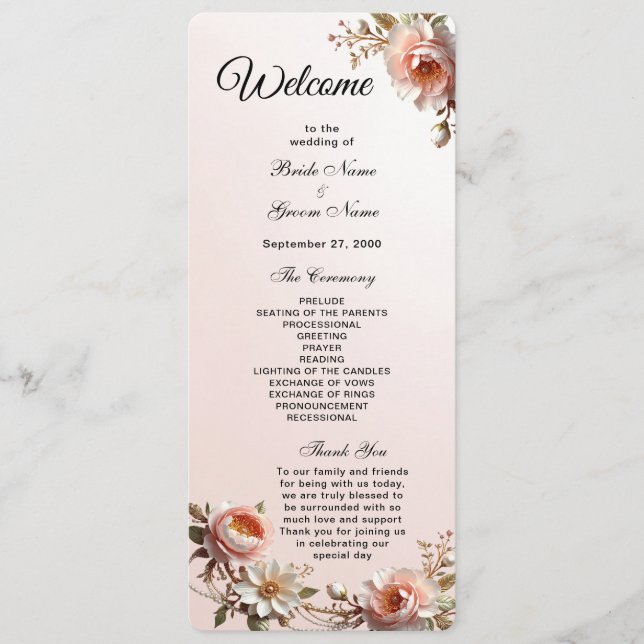 Decorative Pink and White Flowers Wedding Program (Front)