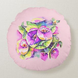 Decorative pink flowers round pillow