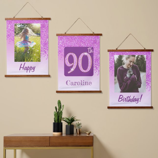 Decorative Pink Glitter 2 Photos for 90th Birthday Hanging Tapestry (Asymmetrical)