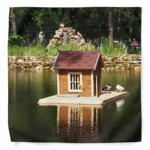 Decorative pond with bird house and alphine slide bandana