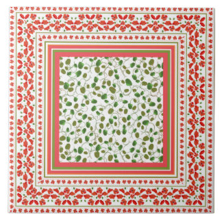Decorative Poppy Border, Poppy Buds, Red on White Ceramic Tile