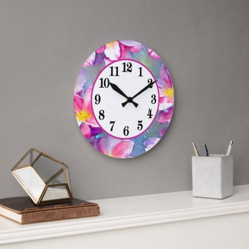 Decorative purple and pink flowers  round clock
