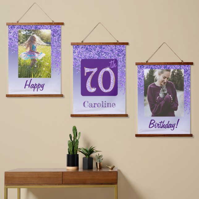 Decorative Purple Glitter 2 Photos 70th Birthday Hanging Tapestry (Asymmetrical)
