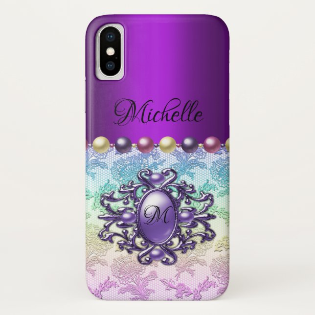 Decorative Purple Jewel and Rainbow Lace Case-Mate iPhone Case (Back)