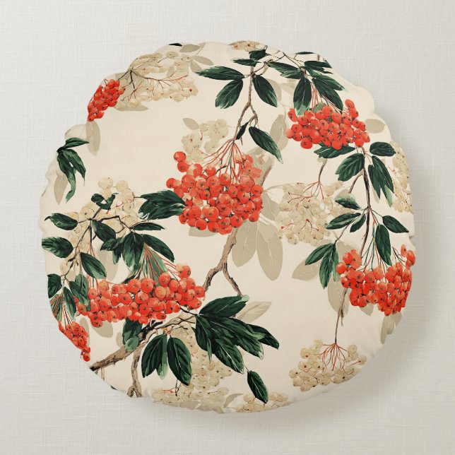 Decorative red and white berries design round pillow (Front)