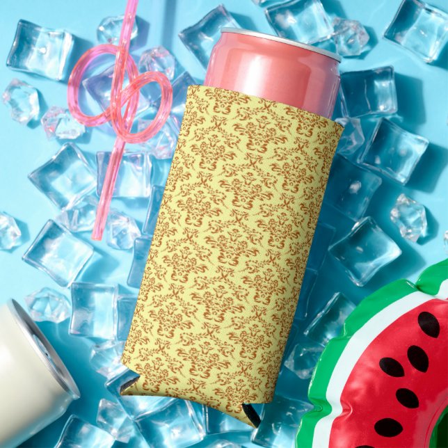 Decorative red damask yellow seltzer can cooler (In Situ Summer)
