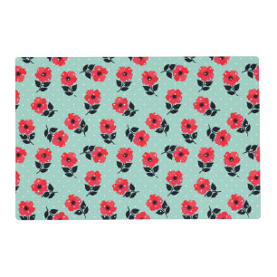 Decorative Red Flowers on Mint Blue Background Placemat