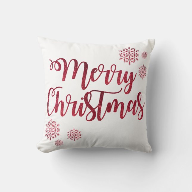 Decorative Red Glitter Snowflakes Merry Christmas Throw Pillow (Front)