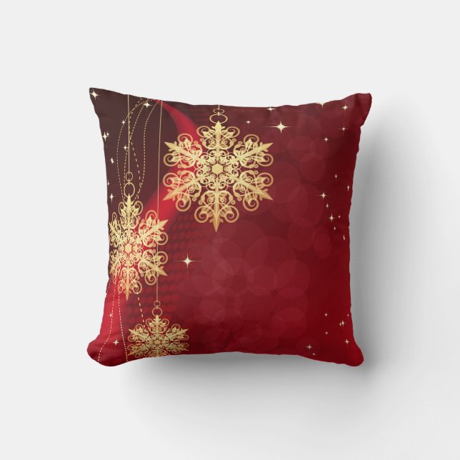 Decorative Red Gold Snowflake Ball Merry Christmas Throw Pillow (Front)